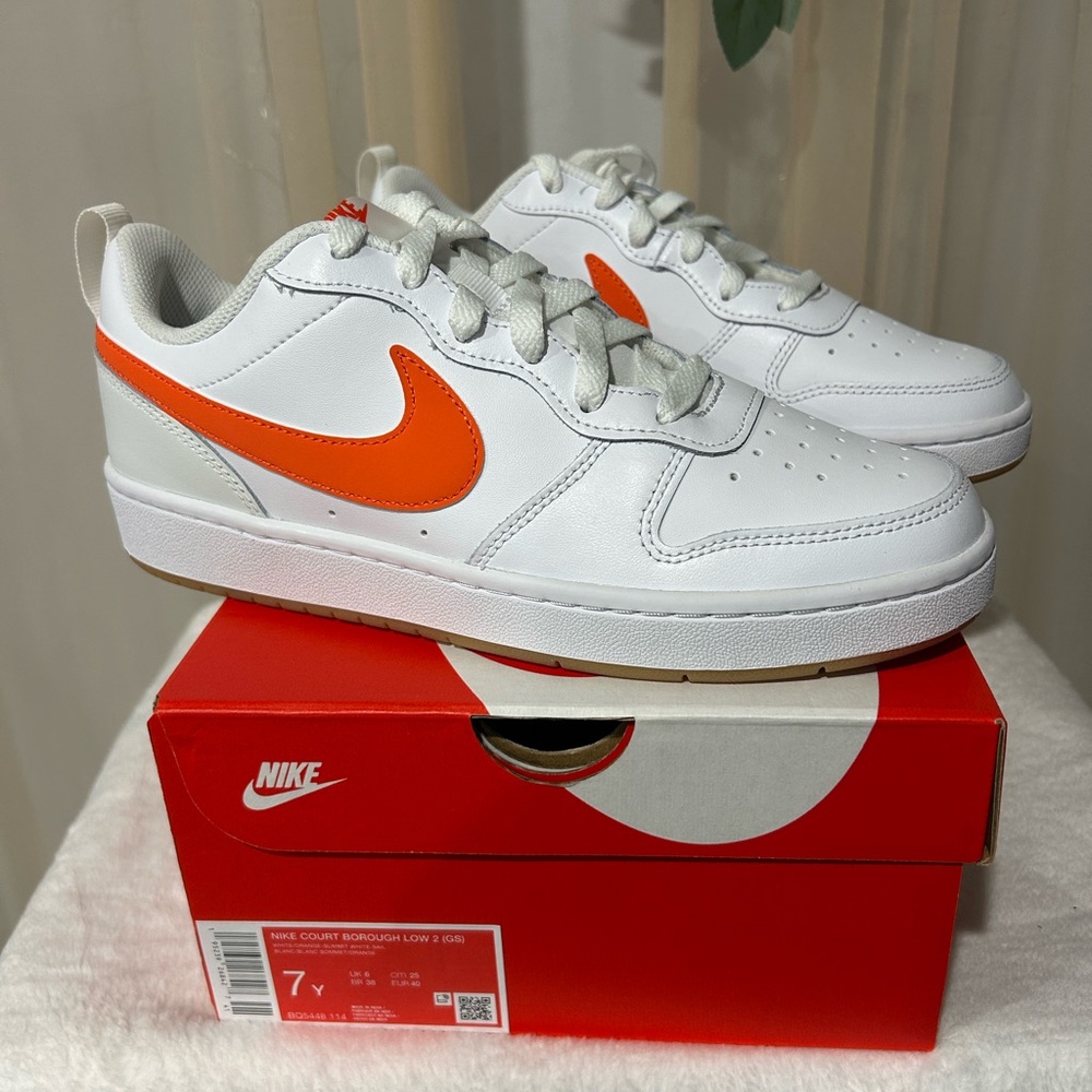 Nike Court Borough Low 2 GS White Orange Sneakers Size 7Y | New With Box